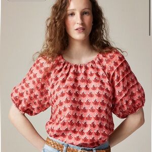 J. Crew Red Pink Floral Blouse 100% Ramie Puff Sleeve XXS